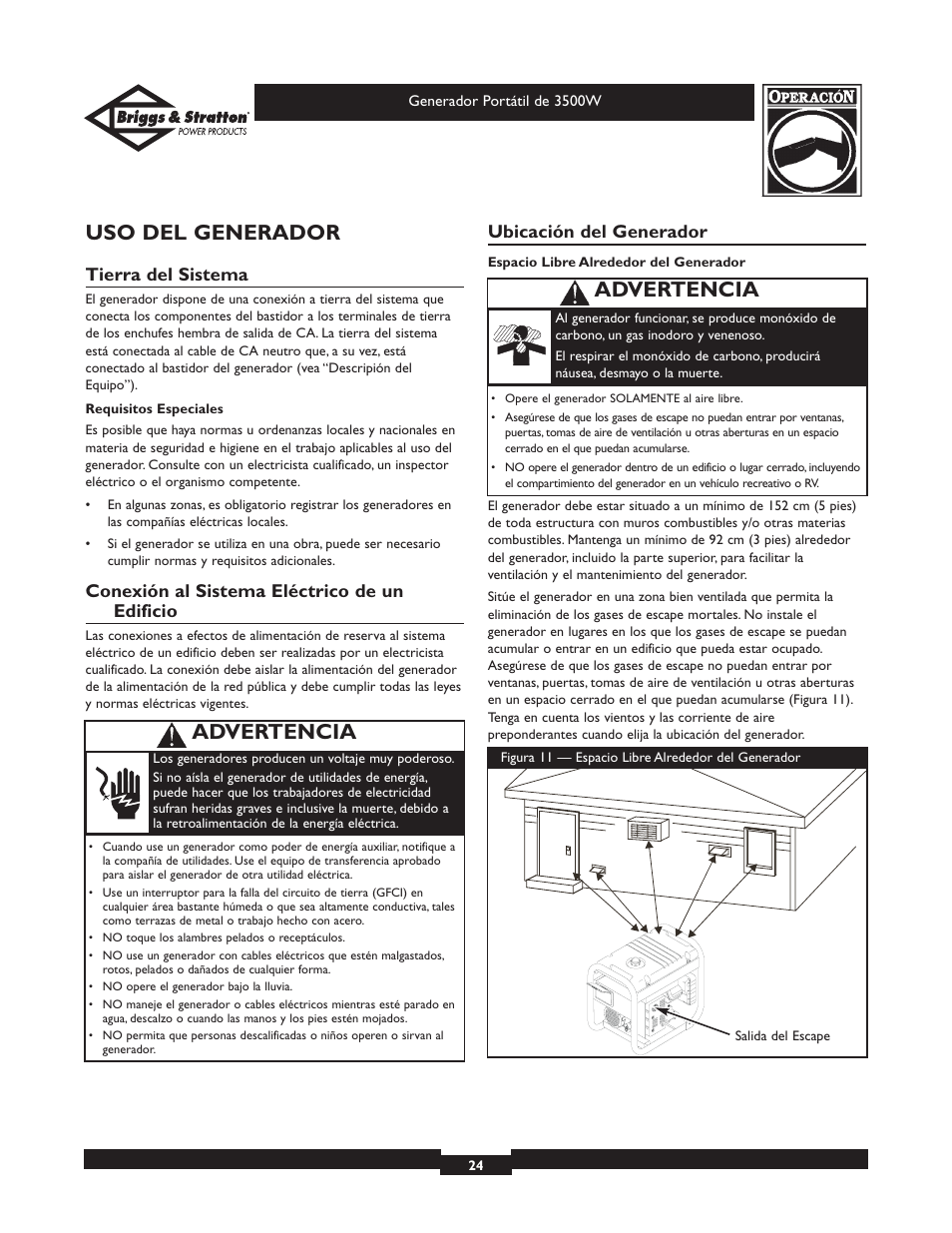Uso del generador, Advertencia, Tierra del sistema | Conexión al sistema eléctrico de un edificio, Ubicación del generador | Briggs & Stratton ELITE SERIES 30208 User Manual | Page 24 / 32