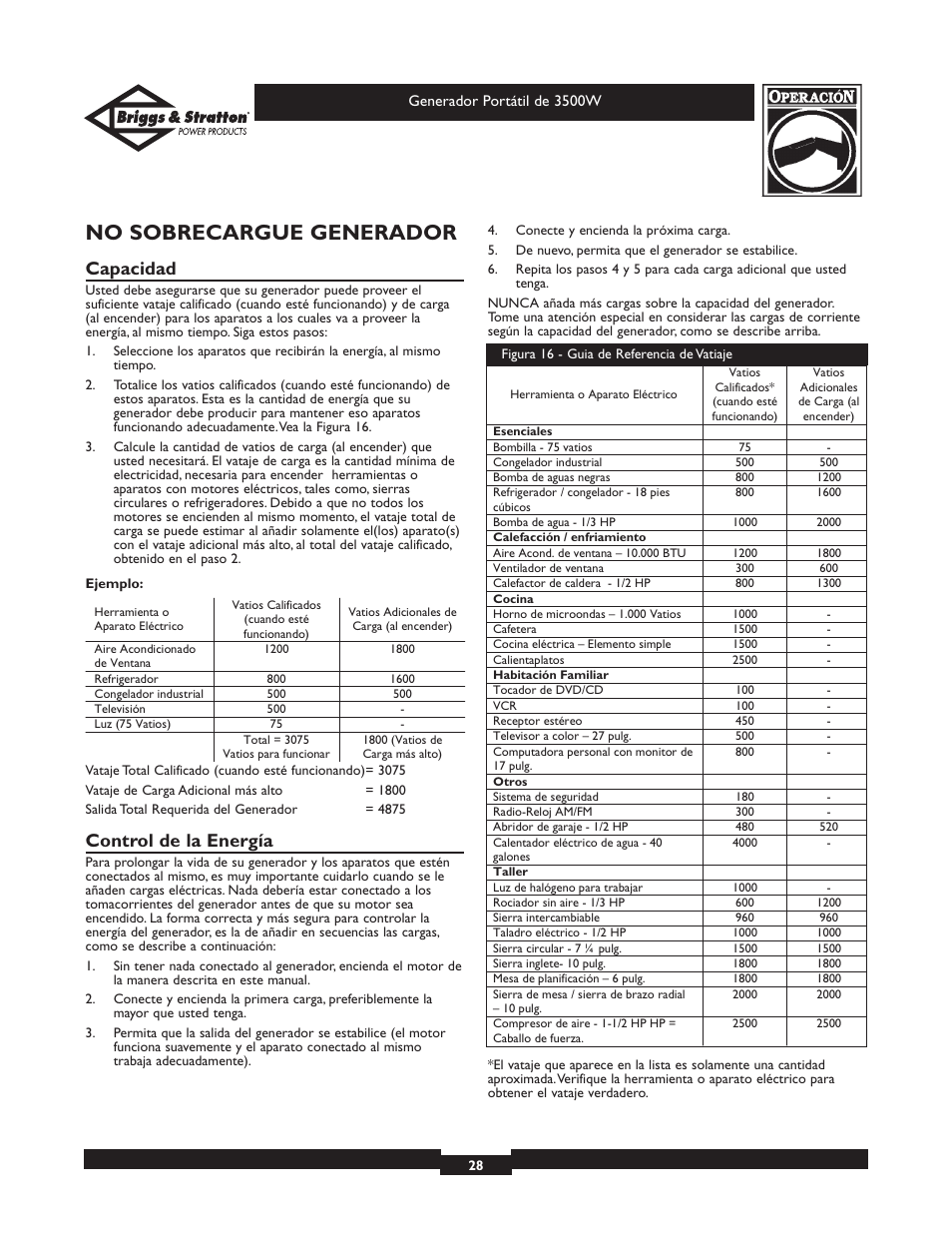 No sobrecargue generador, Capacidad, Control de la energía | Briggs & Stratton ELITE SERIES 30208 User Manual | Page 28 / 32
