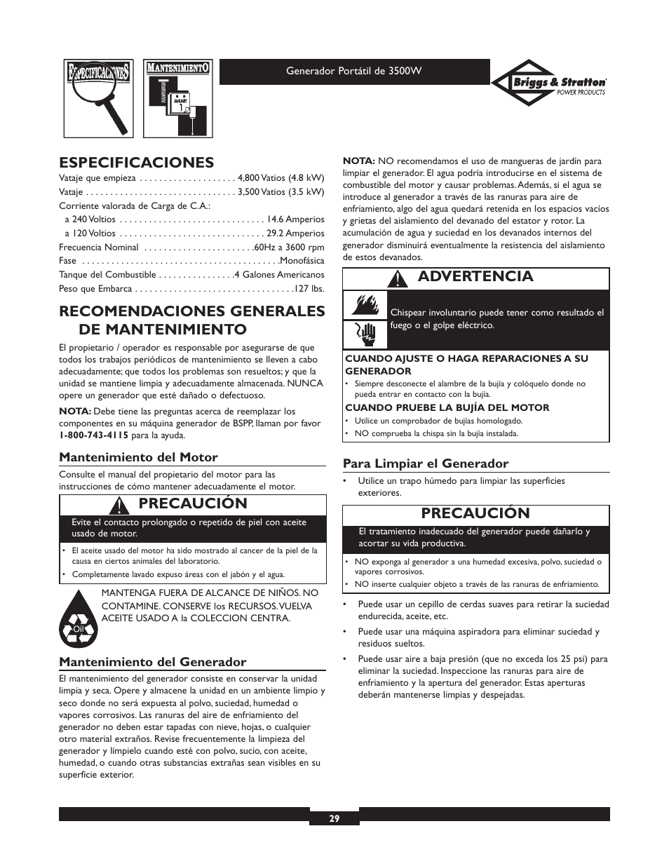Especificaciones, Recomendaciones generales de mantenimiento, Precaución | Advertencia | Briggs & Stratton ELITE SERIES 30208 User Manual | Page 29 / 32
