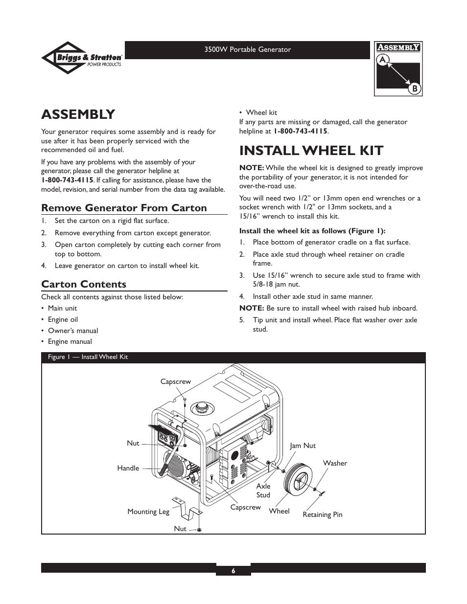 Assembly, Install wheel kit, Remove generator from carton | Carton contents | Briggs & Stratton ELITE SERIES 30208 User Manual | Page 6 / 32