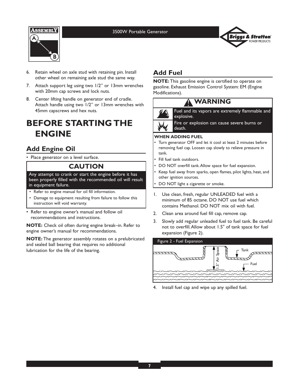 Before starting the engine, Add engine oil, Add fuel | Caution, Warning | Briggs & Stratton ELITE SERIES 30208 User Manual | Page 7 / 32