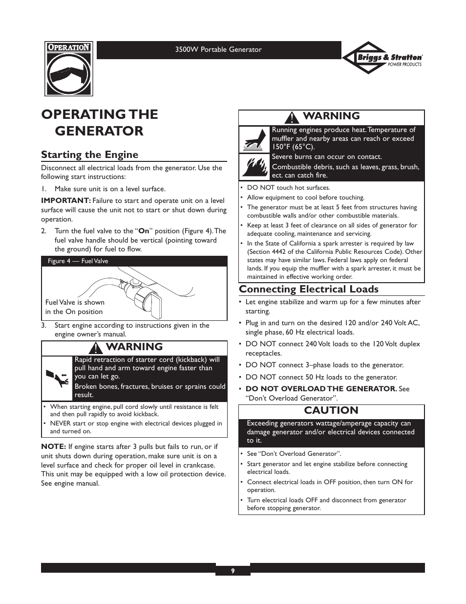 Operating the generator, Starting the engine, Connecting electrical loads | Caution, Warning | Briggs & Stratton ELITE SERIES 30208 User Manual | Page 9 / 32