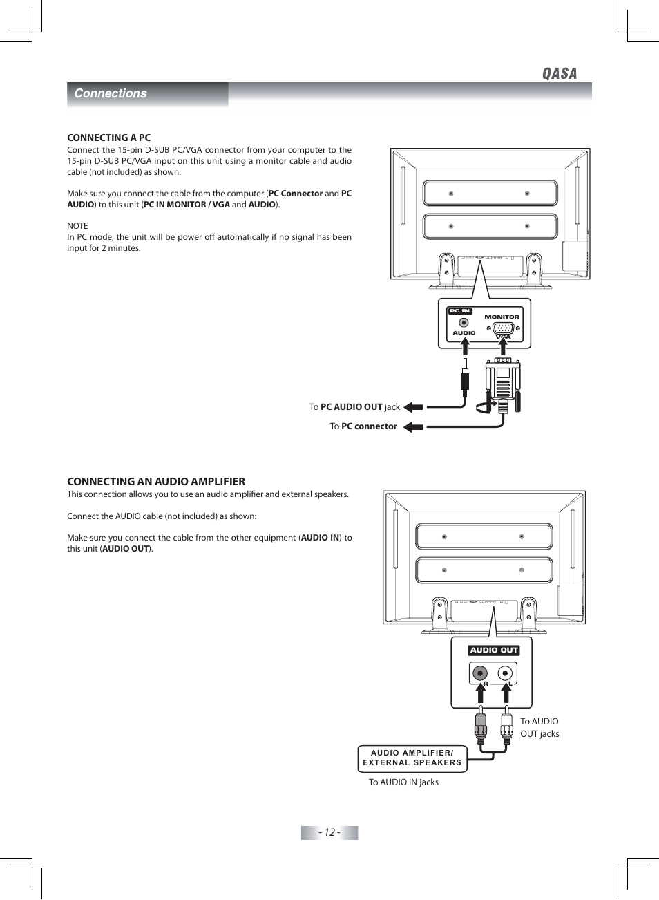 Connections, Connecting an audio amplifier | SONIQ QSP425T User Manual | Page 13 / 23