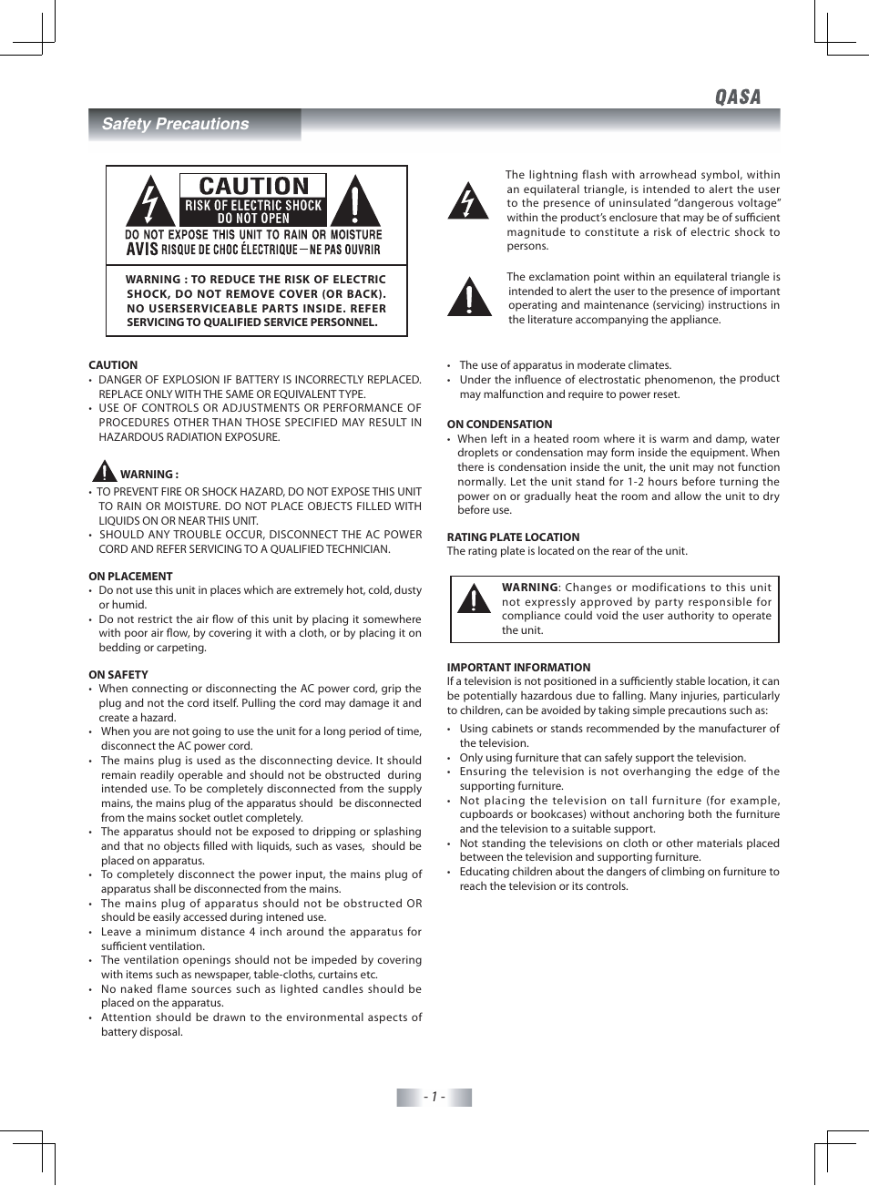 Safety precautions | SONIQ QSP425T User Manual | Page 2 / 23