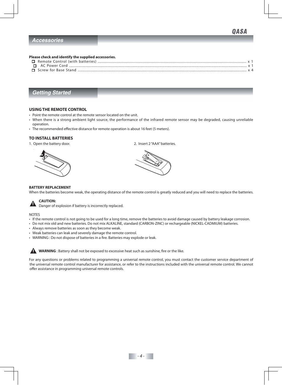 Getting started, Accessories | SONIQ QSP425T User Manual | Page 5 / 23