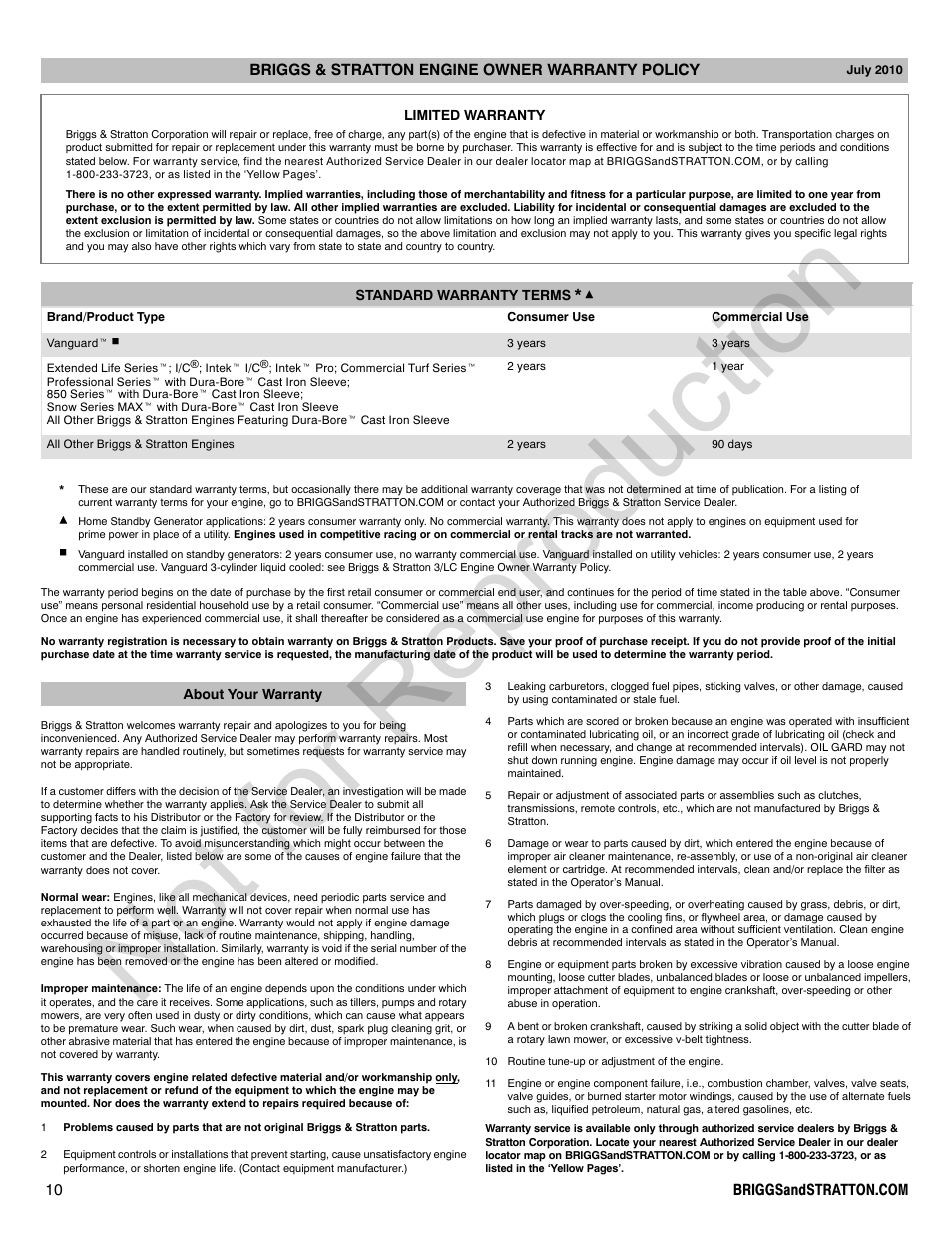 Not for reproduction | Briggs & Stratton QUANTUM 120000 User Manual | Page 10 / 28