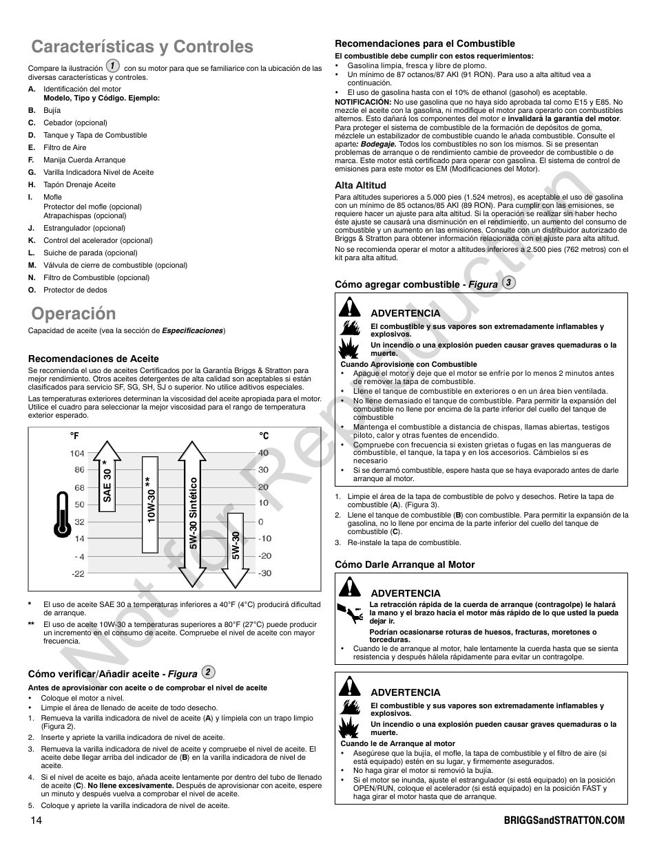 Not for reproduction, Características y controles, Operación | Briggs & Stratton QUANTUM 120000 User Manual | Page 14 / 28