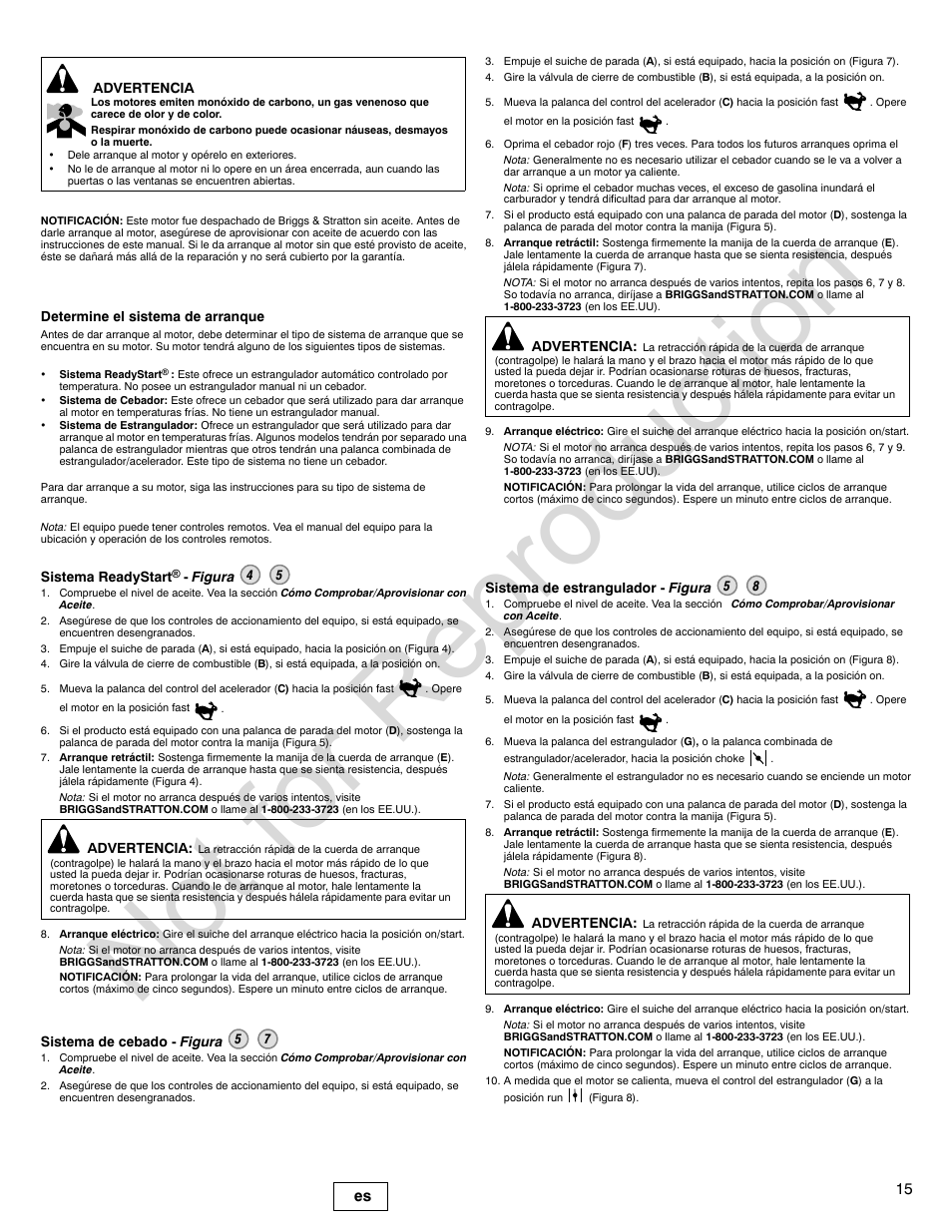 Not for reproduction, 15 es | Briggs & Stratton QUANTUM 120000 User Manual | Page 15 / 28