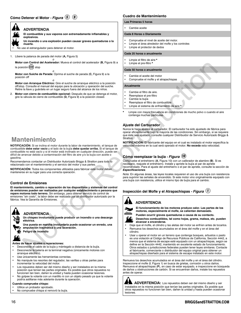 Not for reproduction, Mantenimiento | Briggs & Stratton QUANTUM 120000 User Manual | Page 16 / 28