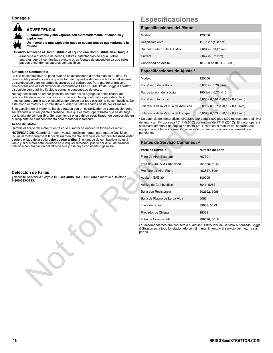 Not for reproduction, Especificaciones | Briggs & Stratton QUANTUM 120000 User Manual | Page 18 / 28