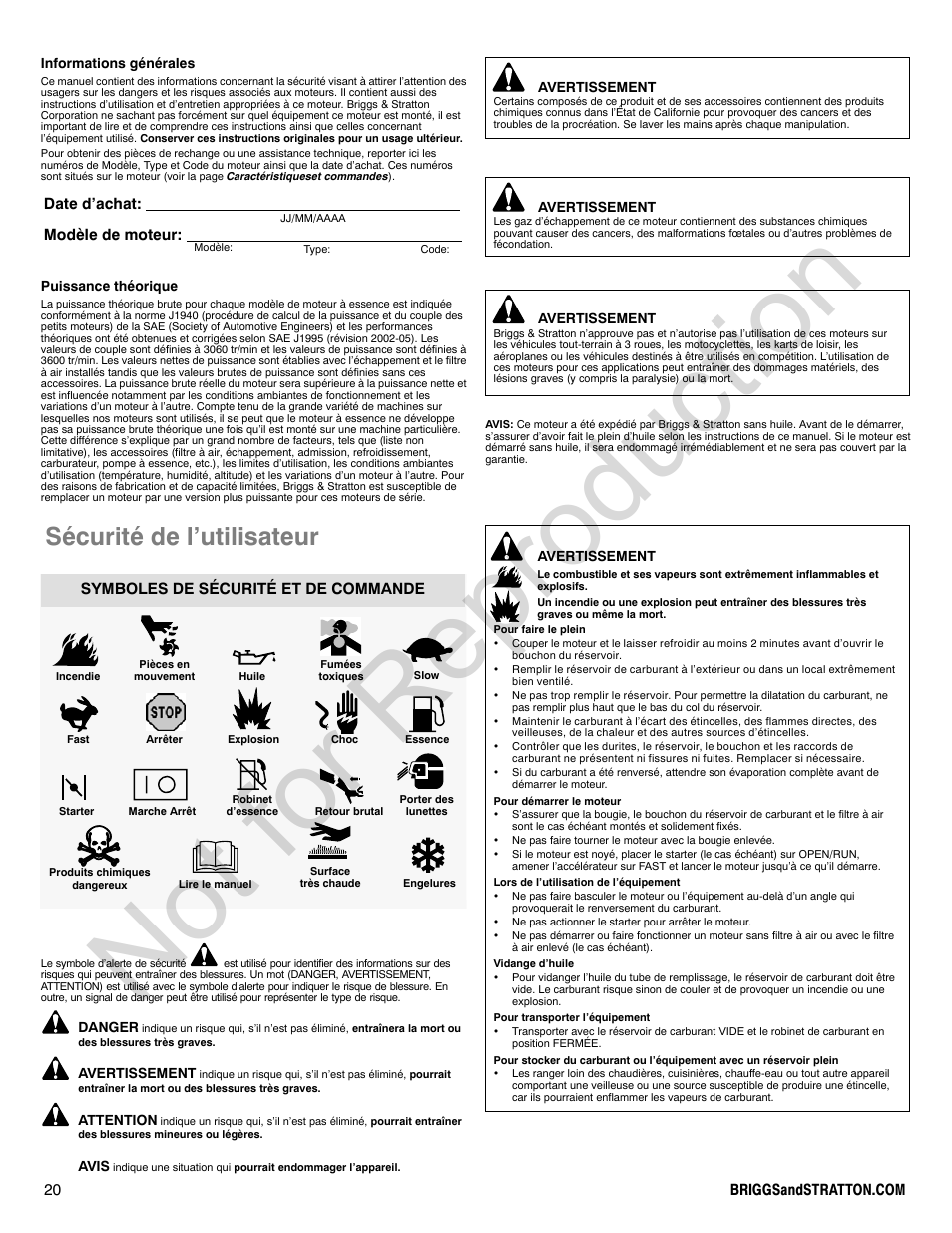 Not for reproduction, Sécurité de l’utilisateur, Date d’achat: modèle de moteur | Symboles de sécurité et de commande | Briggs & Stratton QUANTUM 120000 User Manual | Page 20 / 28