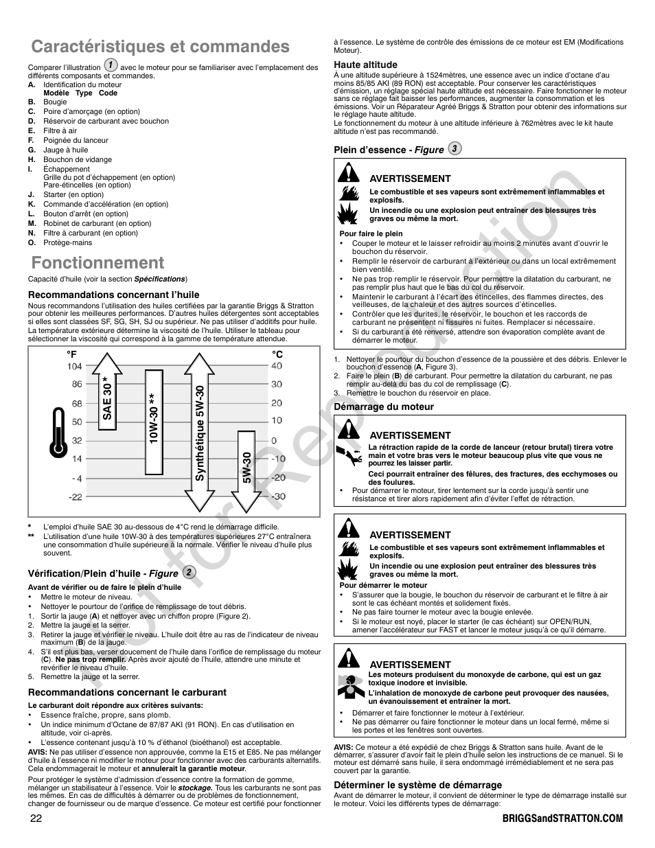 Not for reproduction, Caractéristiques et commandes, Fonctionnement | Briggs & Stratton QUANTUM 120000 User Manual | Page 22 / 28