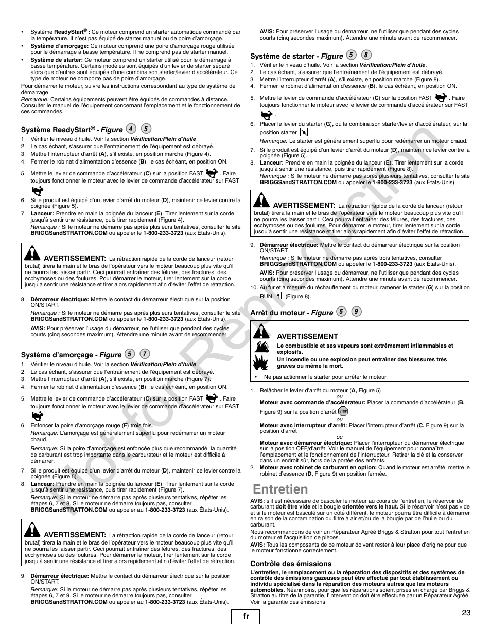 Not for reproduction, Entretien, 23 fr | Briggs & Stratton QUANTUM 120000 User Manual | Page 23 / 28