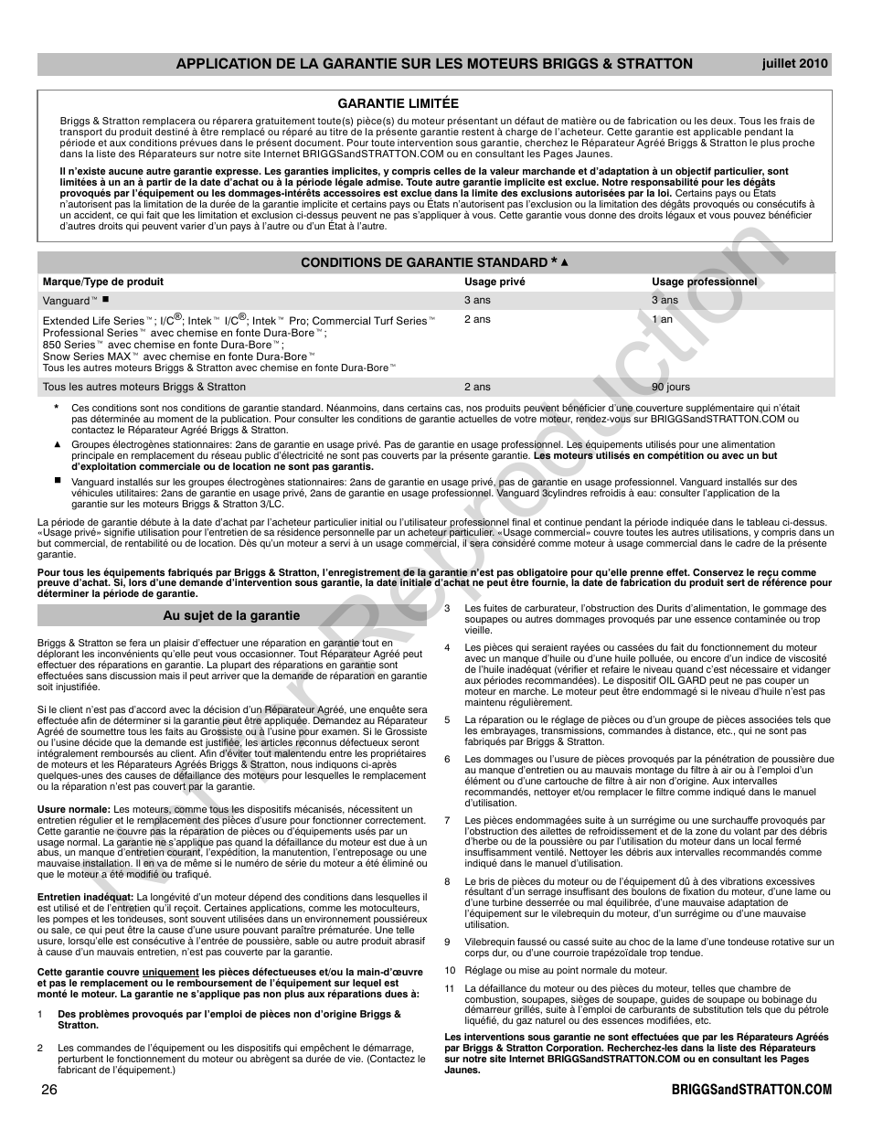 Not for reproduction | Briggs & Stratton QUANTUM 120000 User Manual | Page 26 / 28