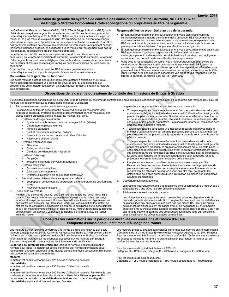Not for reproduction, 27 fr | Briggs & Stratton QUANTUM 120000 User Manual | Page 27 / 28