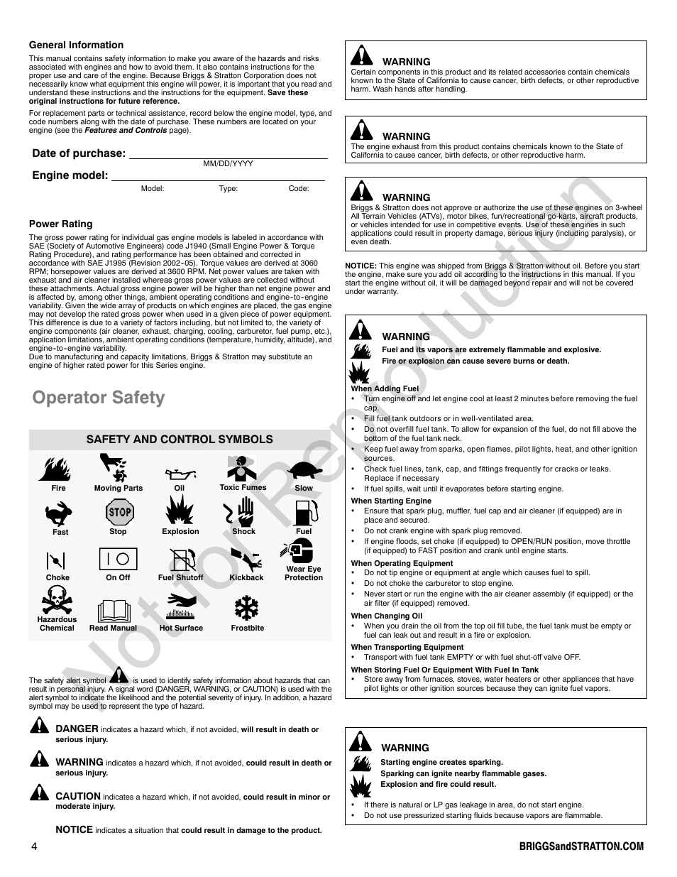 Not for reproduction, Operator safety, Date of purchase: engine model | Safety and control symbols | Briggs & Stratton QUANTUM 120000 User Manual | Page 4 / 28