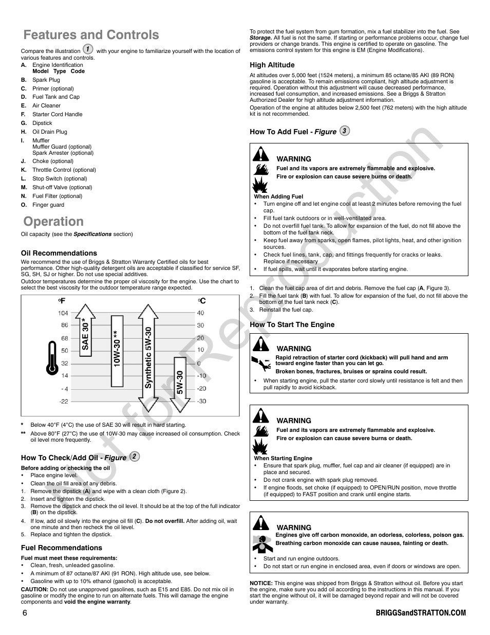 Not for reproduction, Features and controls, Operation | Briggs & Stratton QUANTUM 120000 User Manual | Page 6 / 28