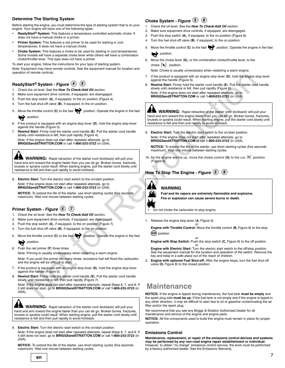 Not for reproduction, Maintenance | Briggs & Stratton QUANTUM 120000 User Manual | Page 7 / 28