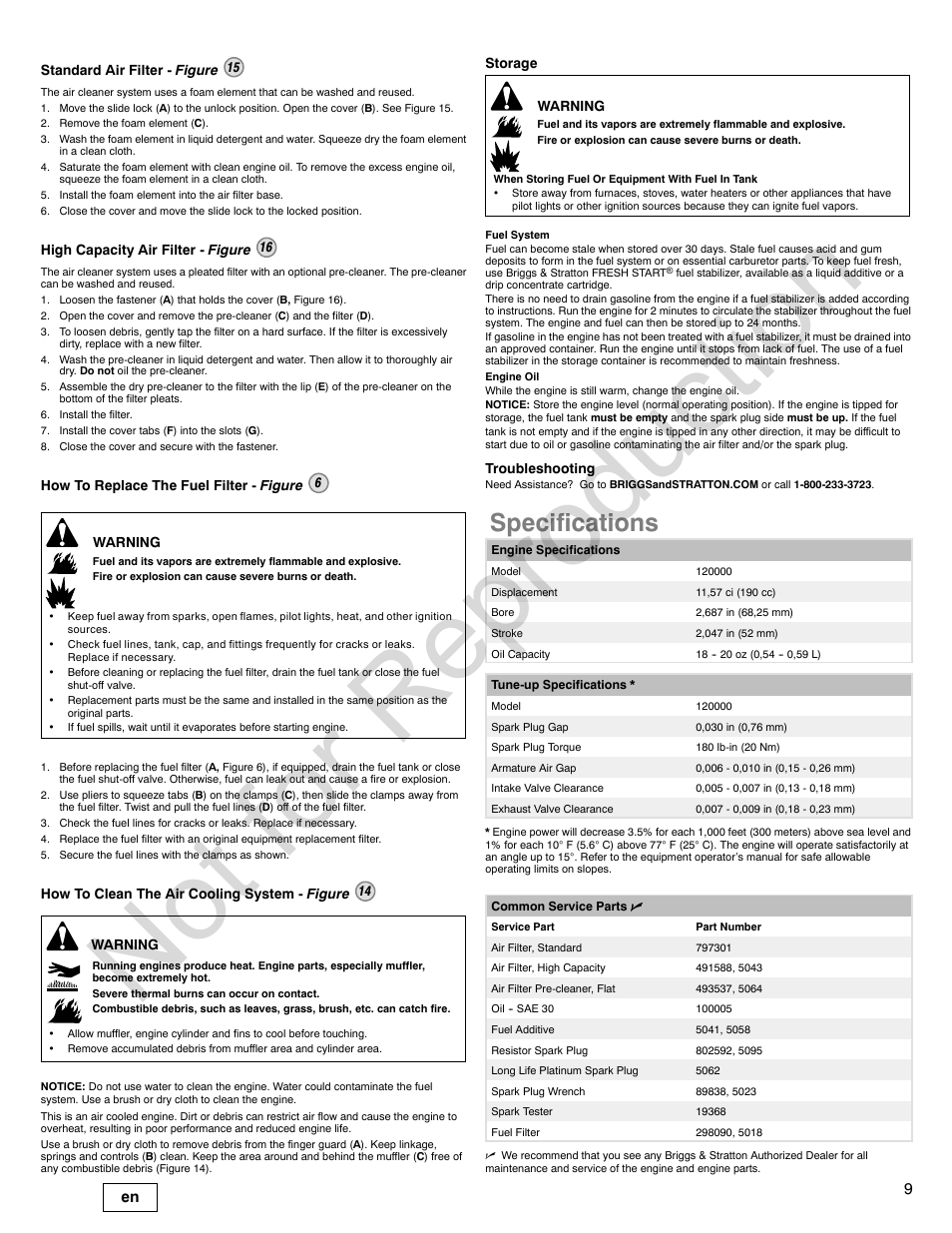 Not for reproduction, Specifications | Briggs & Stratton QUANTUM 120000 User Manual | Page 9 / 28