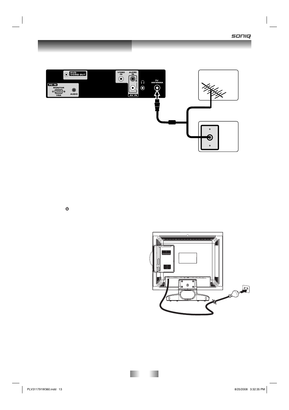 Connection and setup, Connecting the power cord, Connecting antenna | SONIQ QV173LTI User Manual | Page 13 / 36