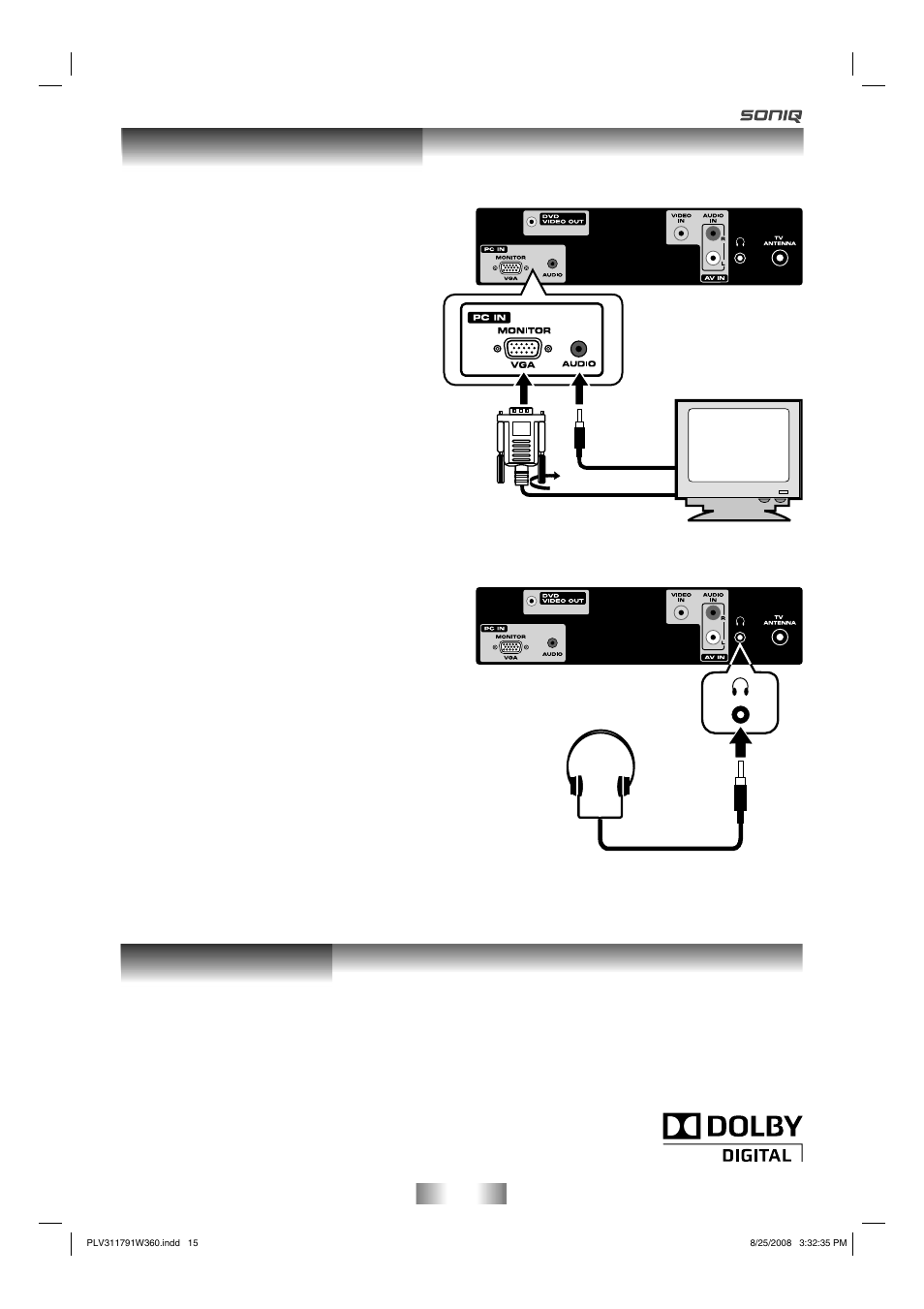 Sound system connection and setup, Connecting a pc, Using headphones / earphones | SONIQ QV173LTI User Manual | Page 15 / 36