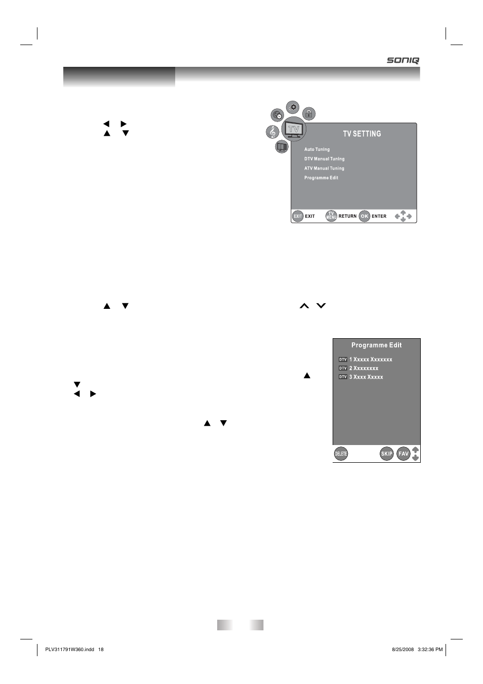 Tv / dtv setup, Tv setting | SONIQ QV173LTI User Manual | Page 18 / 36