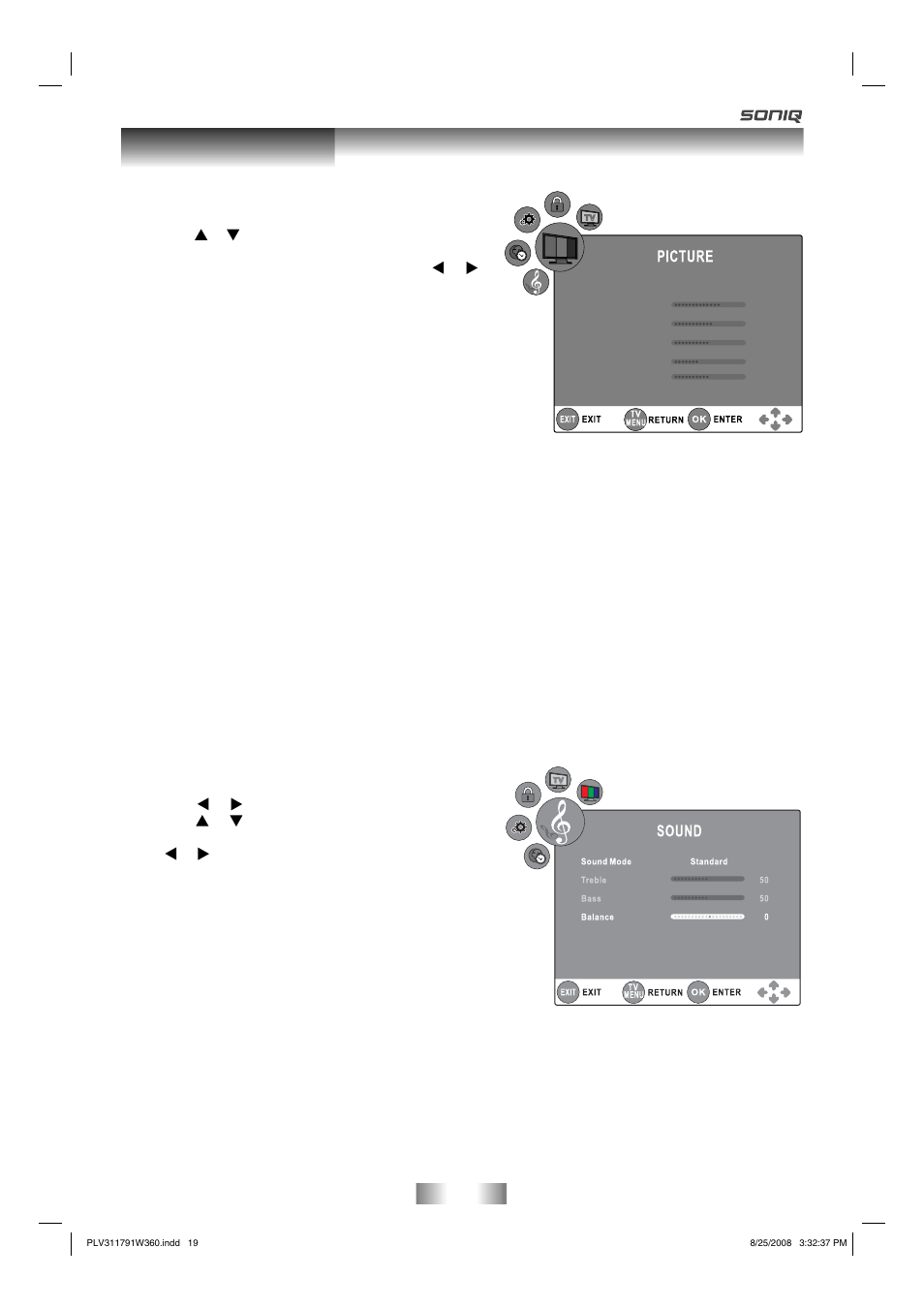 Tv / dtv setup, Picture menu, Sound menu | SONIQ QV173LTI User Manual | Page 19 / 36