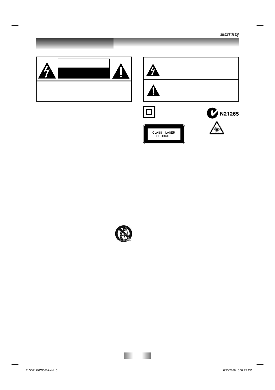 Safety precautions, Caution | SONIQ QV173LTI User Manual | Page 3 / 36