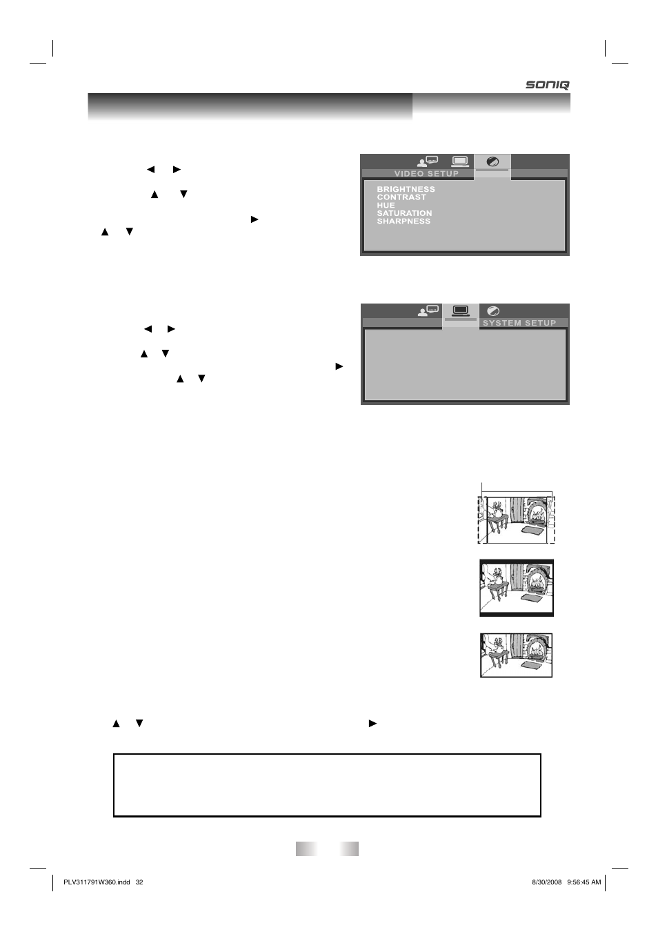 Customizing the function settings, Video setup, System setup | SONIQ QV173LTI User Manual | Page 32 / 36