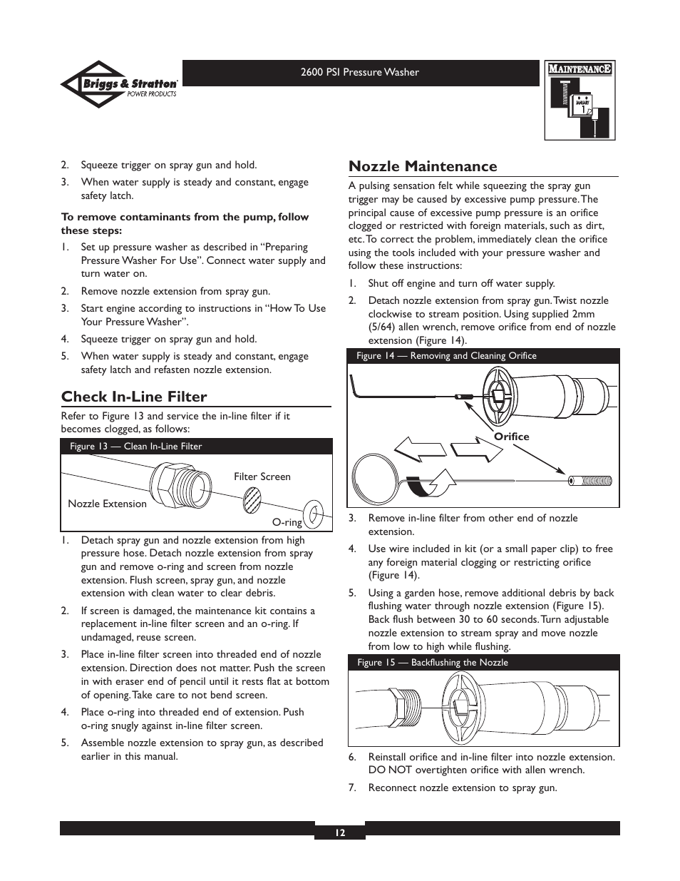Check in-line filter, Nozzle maintenance | Briggs & Stratton 20216 User Manual | Page 12 / 36
