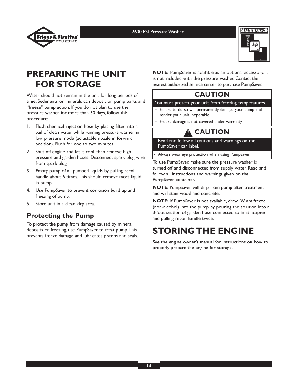 Preparing the unit for storage, Storing the engine, Protecting the pump | Caution | Briggs & Stratton 20216 User Manual | Page 14 / 36