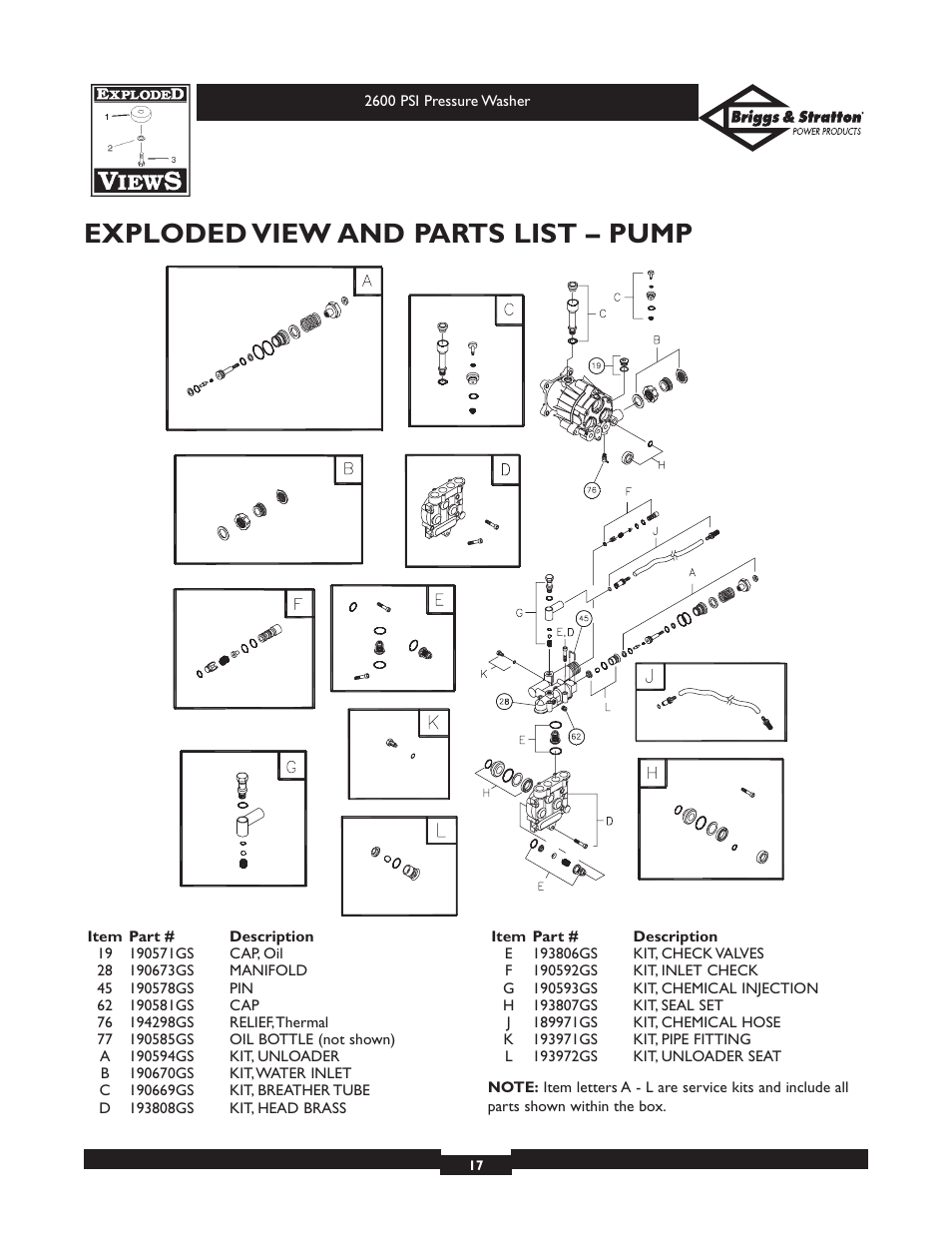 Exploded view and parts list – pump | Briggs & Stratton 20216 User Manual | Page 17 / 36