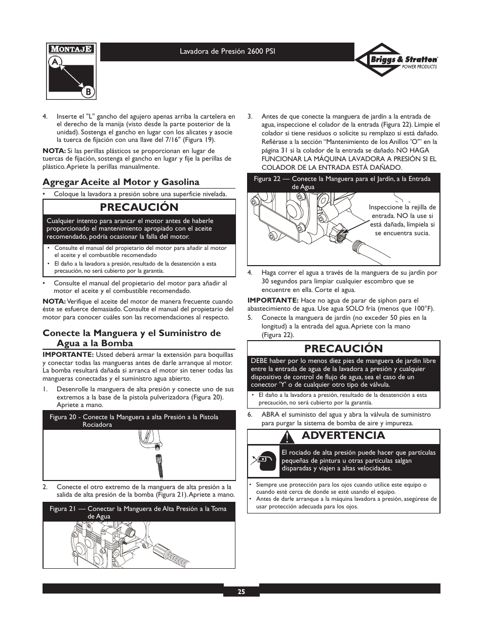 Precaución, Advertencia, Agregar aceite al motor y gasolina | Briggs & Stratton 20216 User Manual | Page 25 / 36