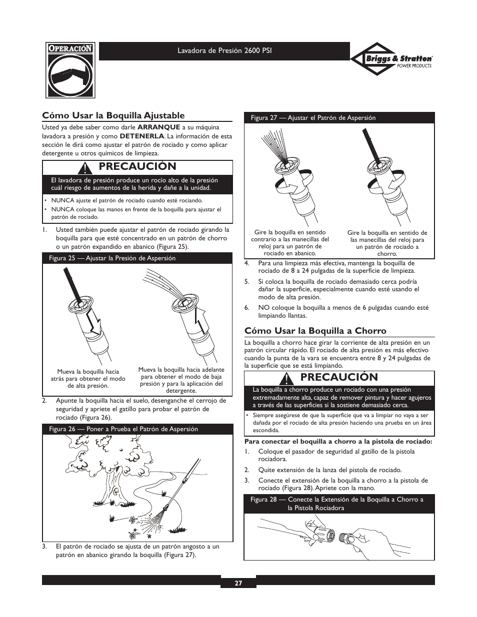 Precaución, Cómo usar la boquilla ajustable, Cómo usar la boquilla a chorro | Briggs & Stratton 20216 User Manual | Page 27 / 36