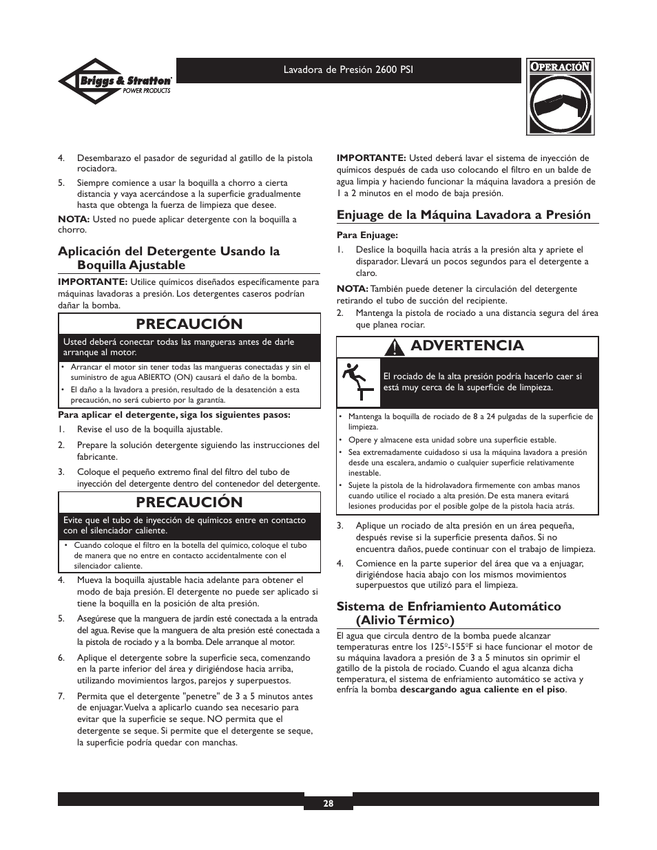 Precaución, Advertencia, Enjuage de la máquina lavadora a presión | Briggs & Stratton 20216 User Manual | Page 28 / 36