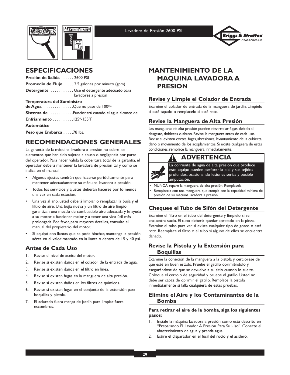 Especificaciones, Recomendaciones generales, Mantenimiento de la maquina lavadora a presion | Advertencia | Briggs & Stratton 20216 User Manual | Page 29 / 36