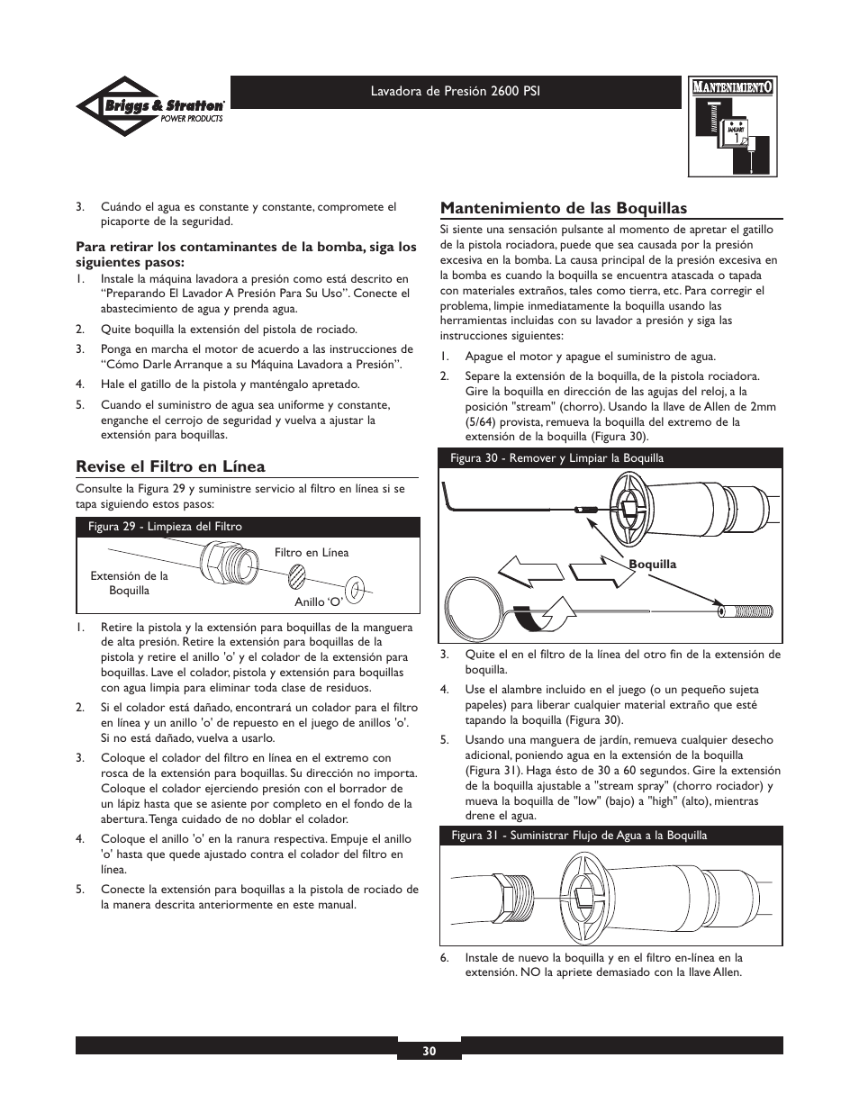 Revise el filtro en línea, Mantenimiento de las boquillas | Briggs & Stratton 20216 User Manual | Page 30 / 36
