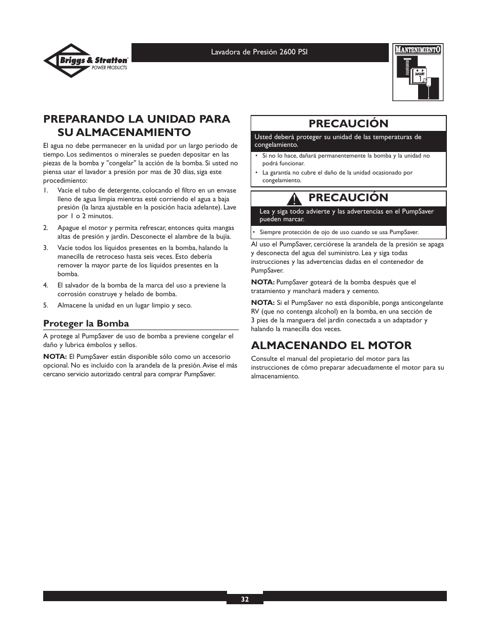 Preparando la unidad para su almacenamiento, Almacenando el motor, Precaución | Briggs & Stratton 20216 User Manual | Page 32 / 36