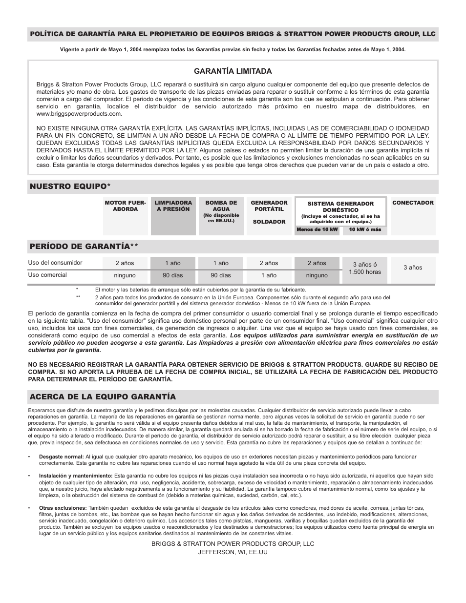 Garantía limitada, Nuestro equipo, Período de garantía | Acerca de la equipo garantía | Briggs & Stratton 20216 User Manual | Page 36 / 36