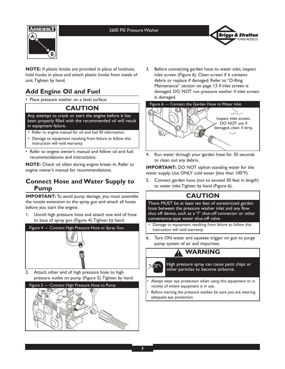 Add engine oil and fuel, Connect hose and water supply to pump, Caution | Warning | Briggs & Stratton 20216 User Manual | Page 7 / 36