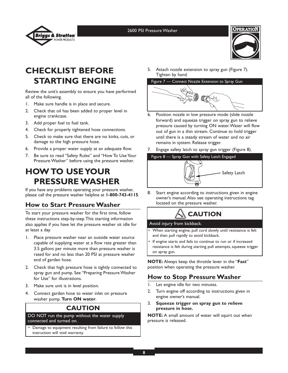 Checklist before starting engine, How to use your pressure washer, How to start pressure washer | How to stop pressure washer, Caution | Briggs & Stratton 20216 User Manual | Page 8 / 36