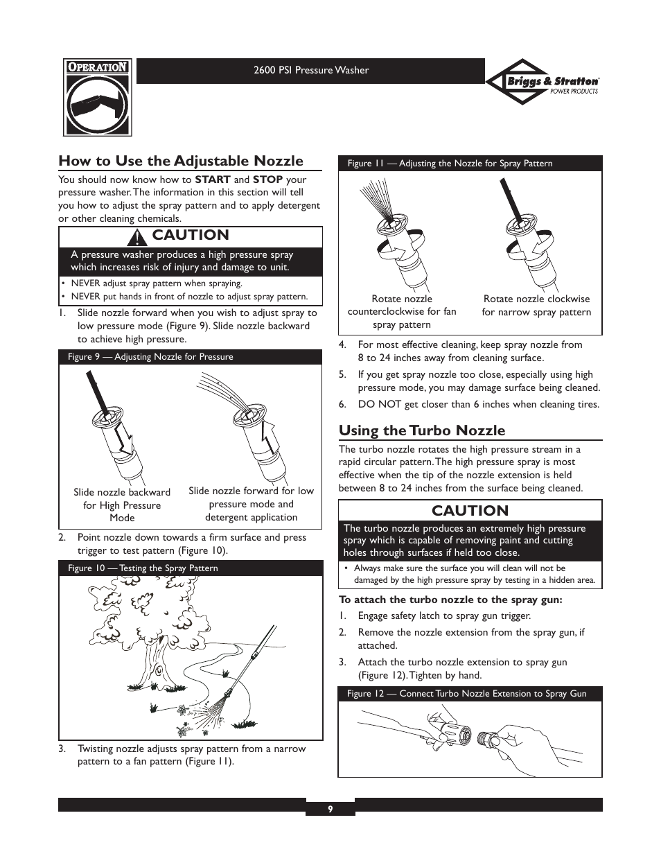 How to use the adjustable nozzle, Using the turbo nozzle, Caution | Briggs & Stratton 20216 User Manual | Page 9 / 36