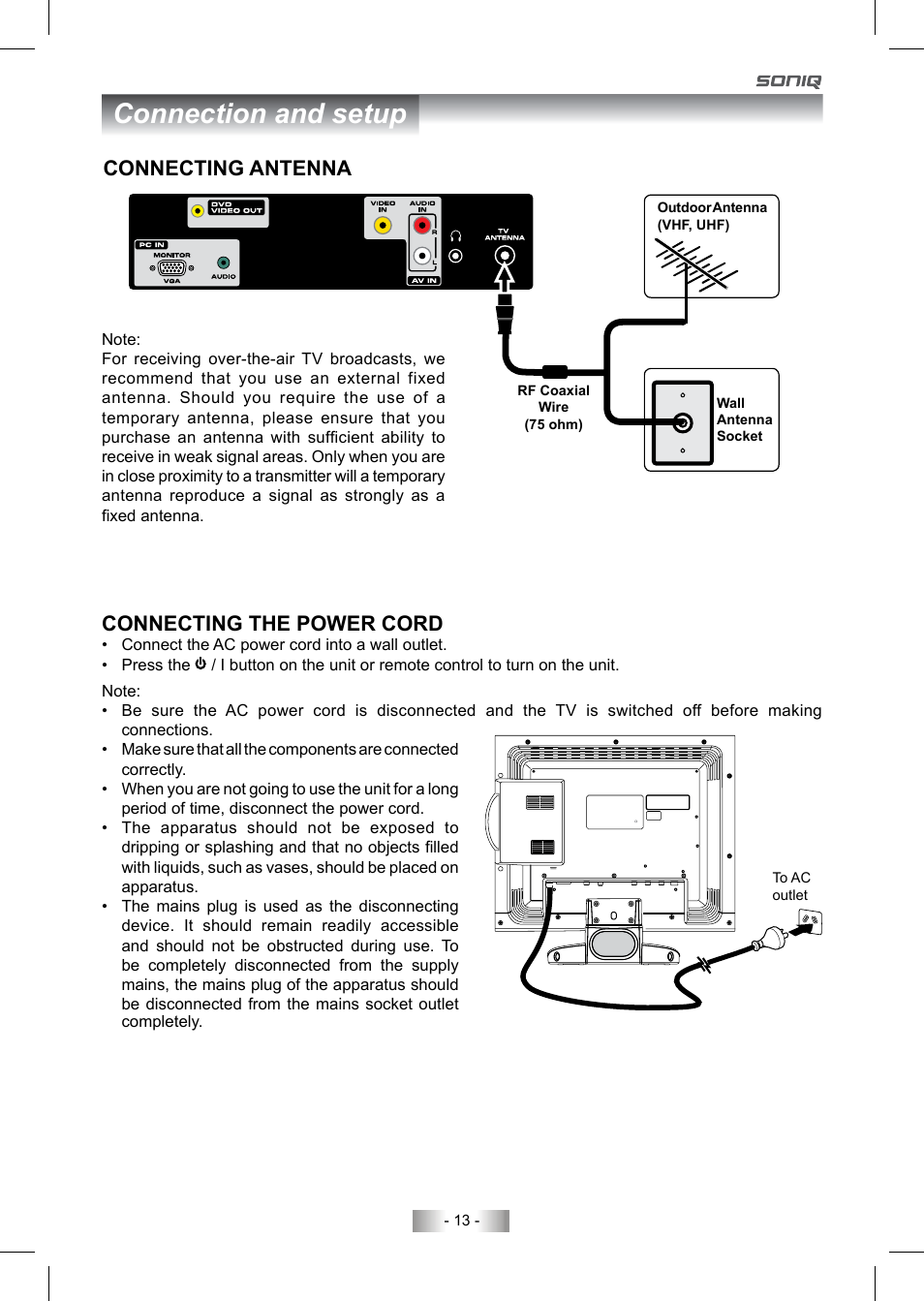 Connection and setup, Connecting the power cord, Connecting antenna | SONIQ QV193LTI User Manual | Page 13 / 36