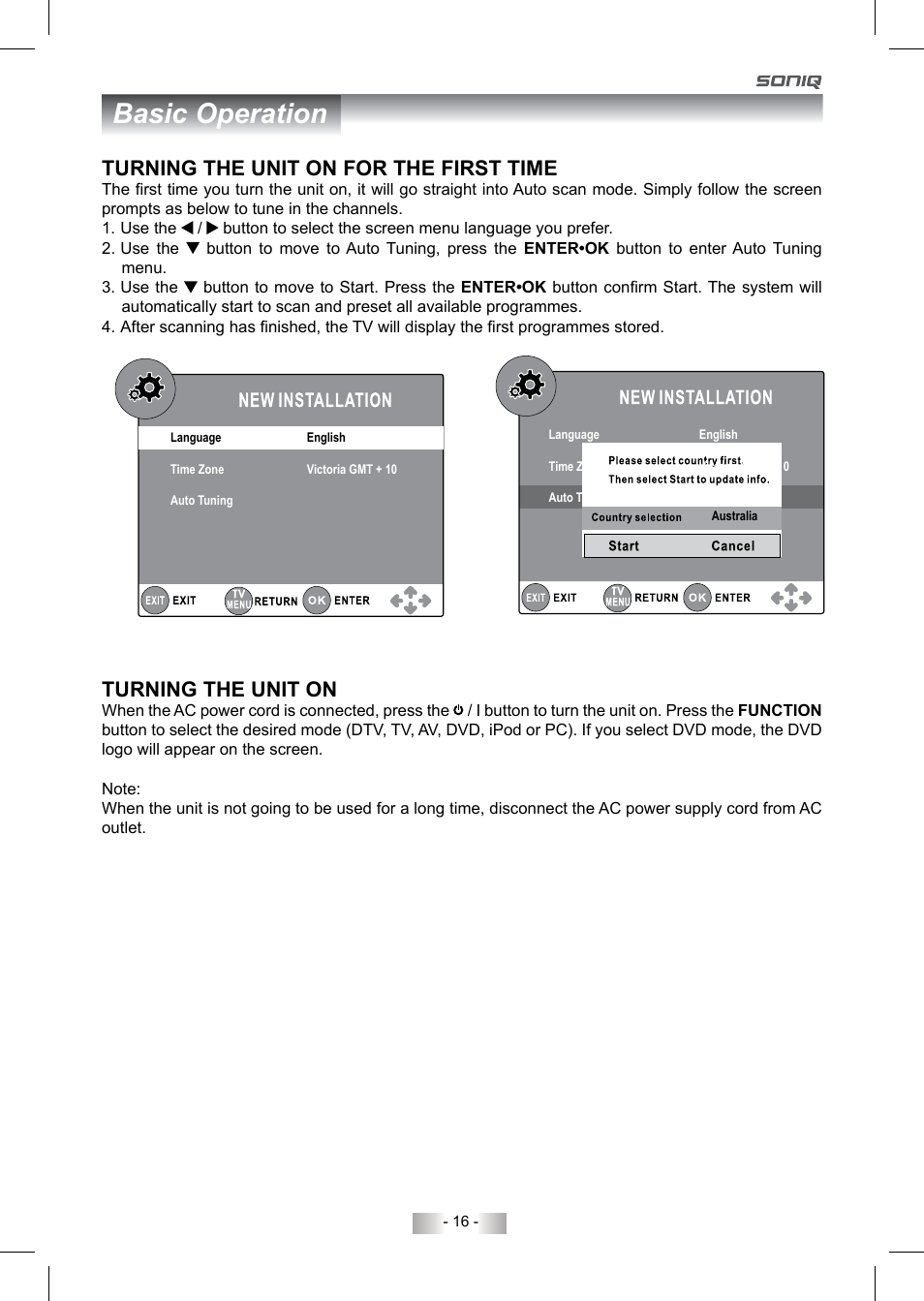 Basic operation, Turning the unit on, Turning the unit on for the first time | SONIQ QV193LTI User Manual | Page 16 / 36