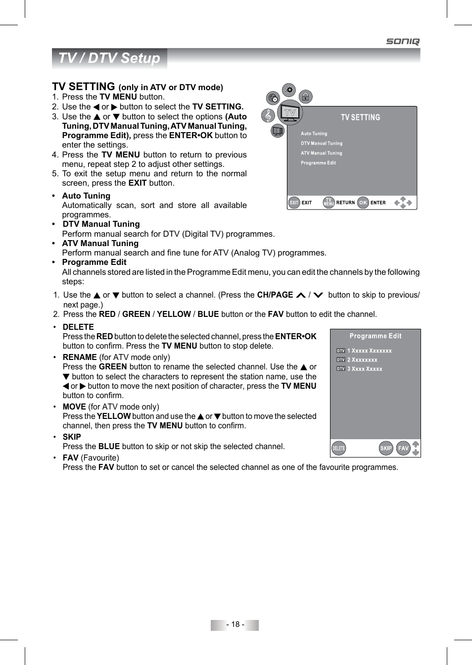 Tv / dtv setup, Tv setting | SONIQ QV193LTI User Manual | Page 18 / 36