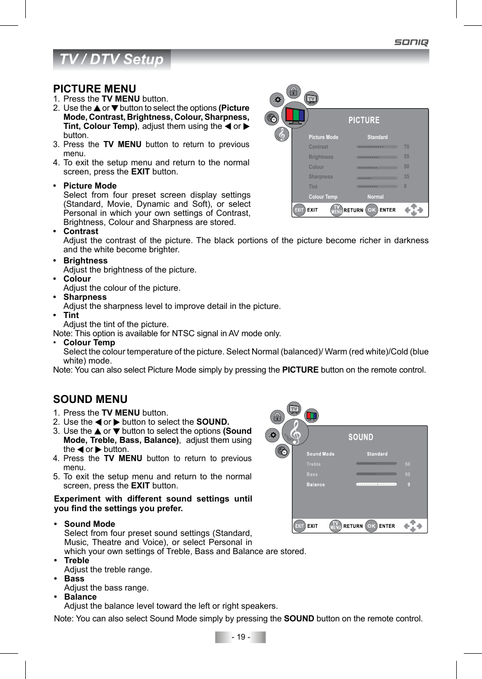 Tv / dtv setup, Picture menu, Sound menu | SONIQ QV193LTI User Manual | Page 19 / 36