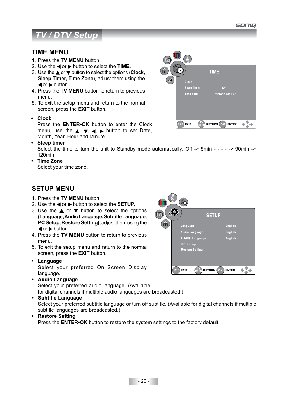 Tv / dtv setup, Time menu, Setup menu | SONIQ QV193LTI User Manual | Page 20 / 36