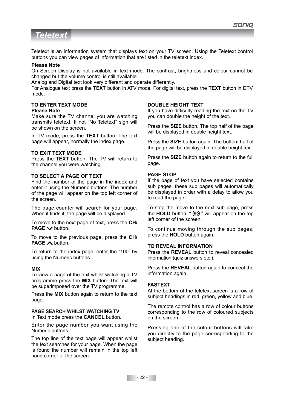 Teletext | SONIQ QV193LTI User Manual | Page 22 / 36