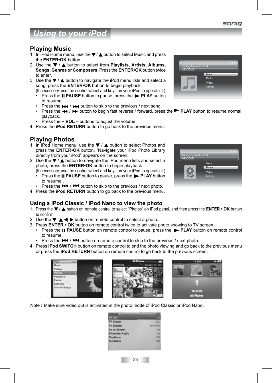 Using to your ipod, Playing music, Playing photos | Using a ipod classic / ipod nano to view the photo | SONIQ QV193LTI User Manual | Page 24 / 36