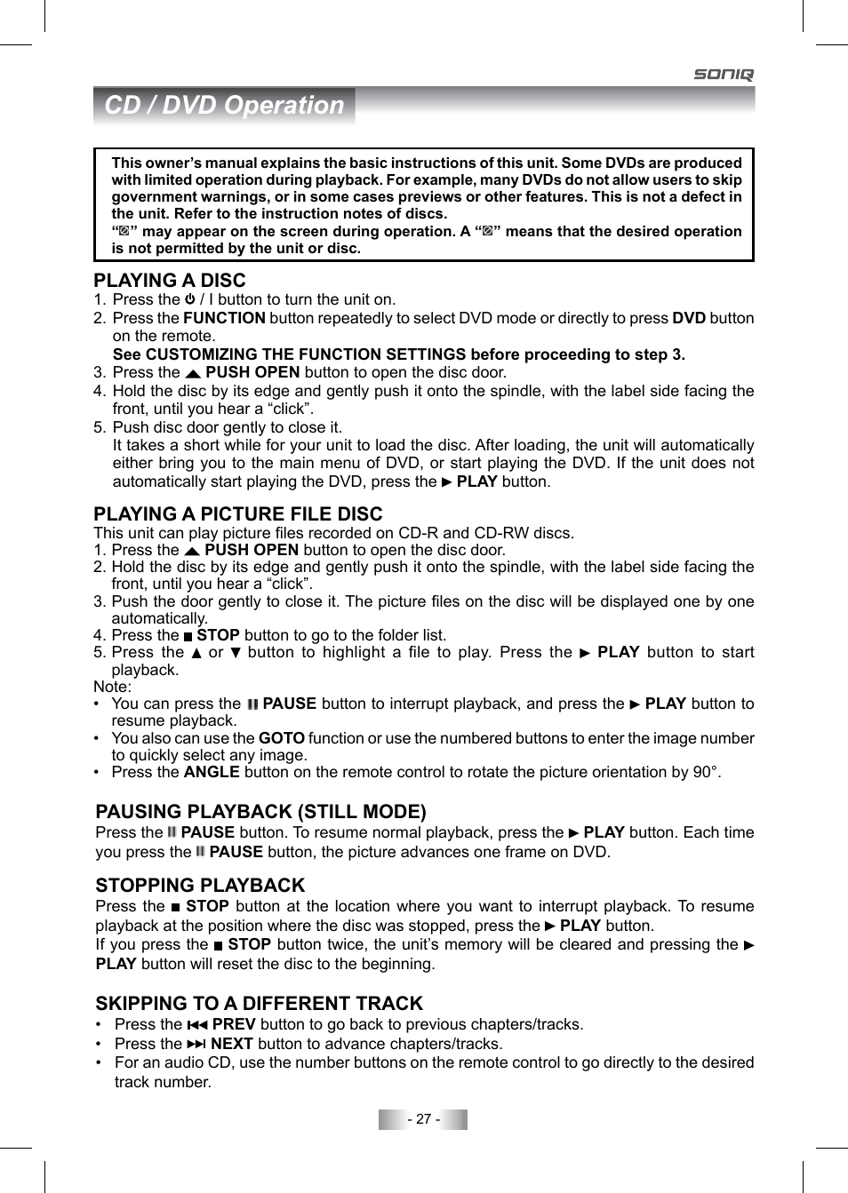 Cd / dvd operation | SONIQ QV193LTI User Manual | Page 27 / 36